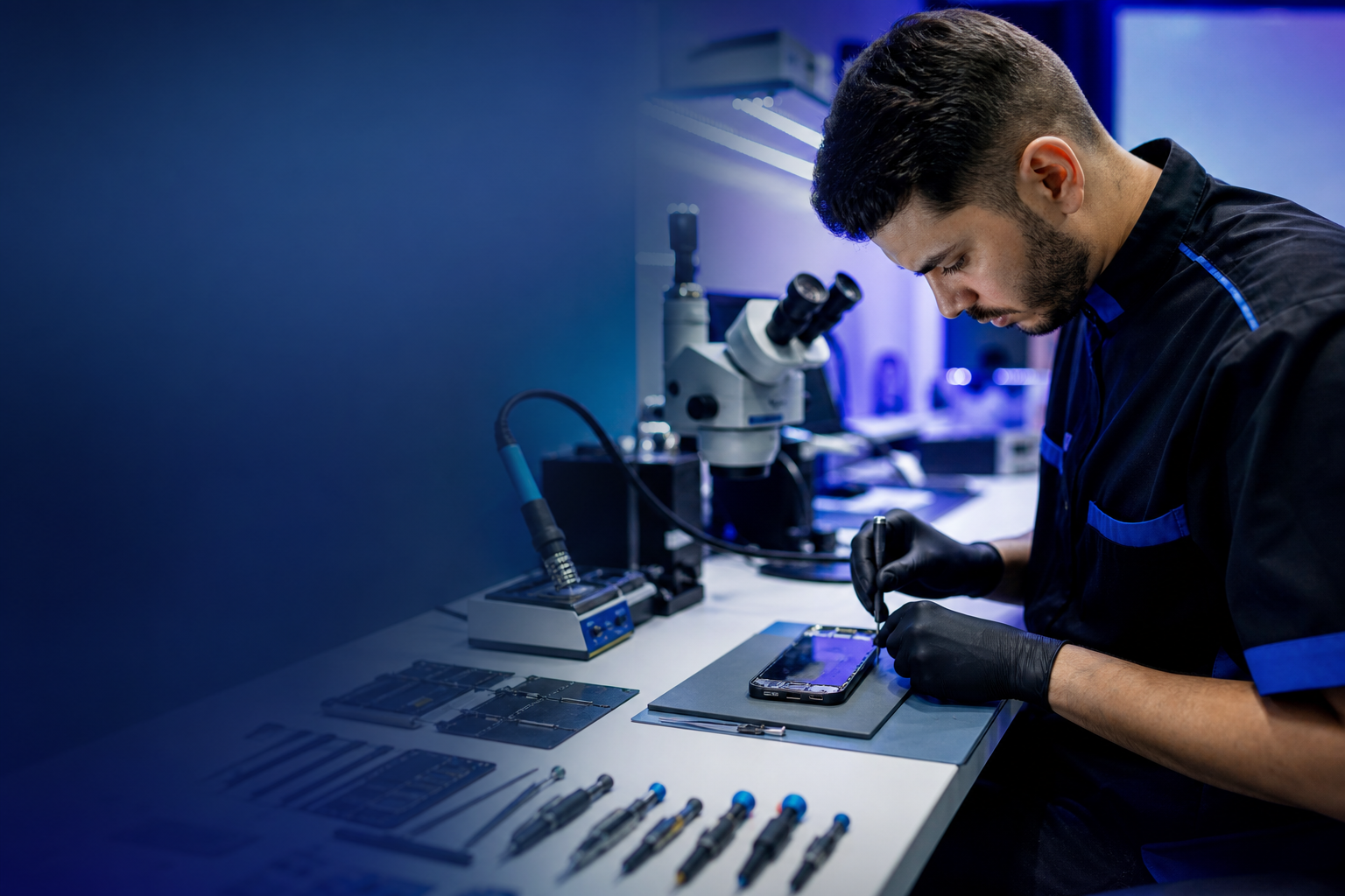Técnico da FCell realizando reparo em bancada